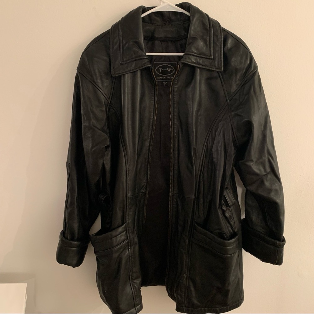 Black Leather Belted and Zippered Jacket with Collar